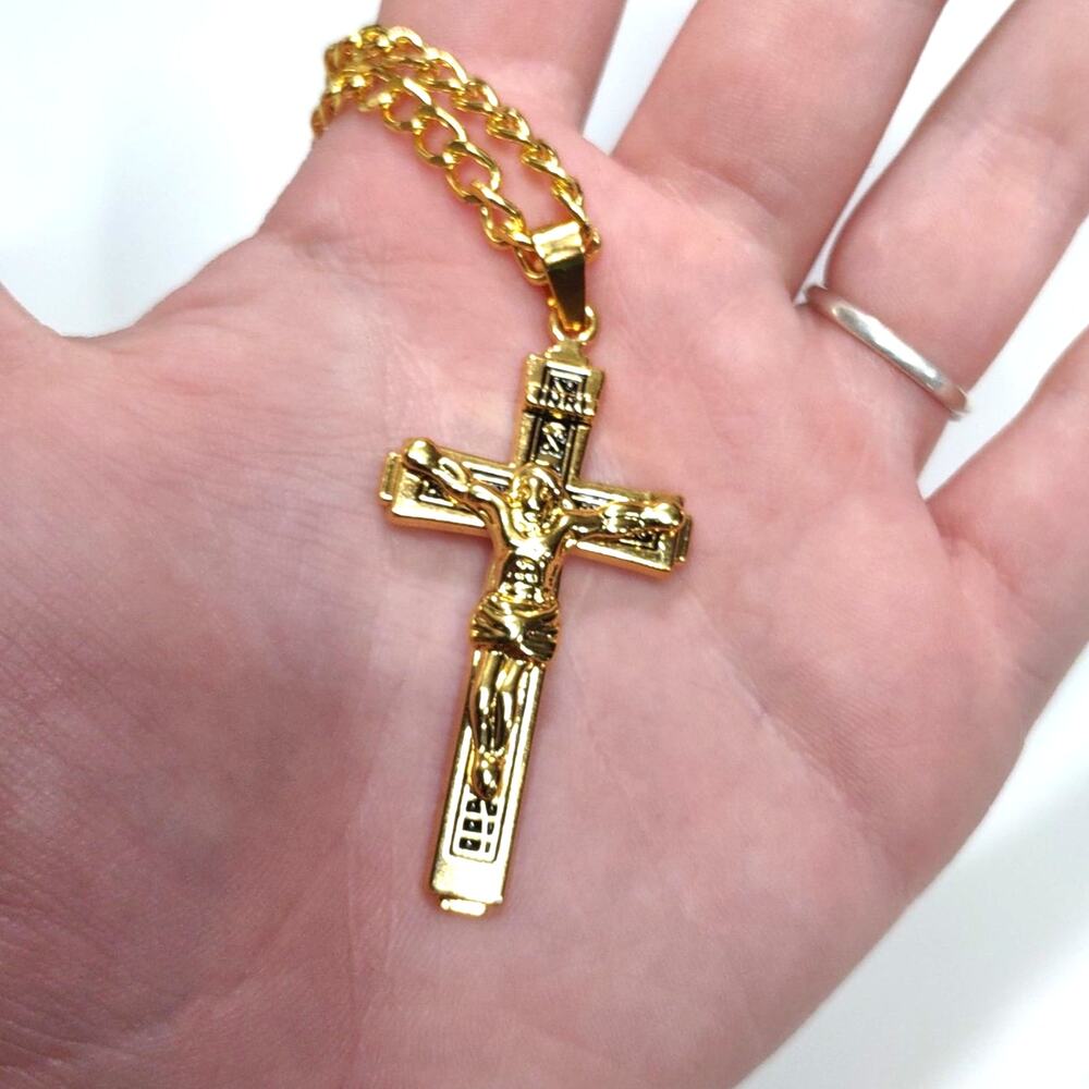 18k Plated Cross Necklace Gold Crucifix Catholic Christian Christmas Birthday
